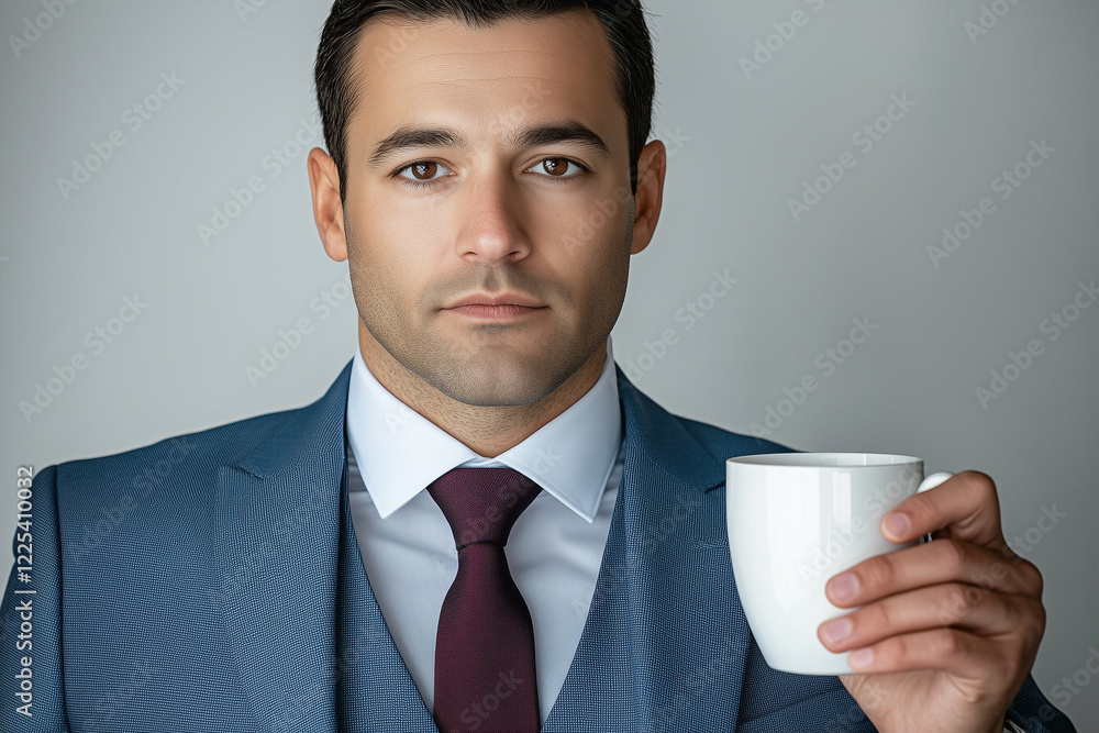 Man holding coffee cup in suit conveying professionalism and confidence Man holding coffee cup in suit conveying professionalism and confidence
