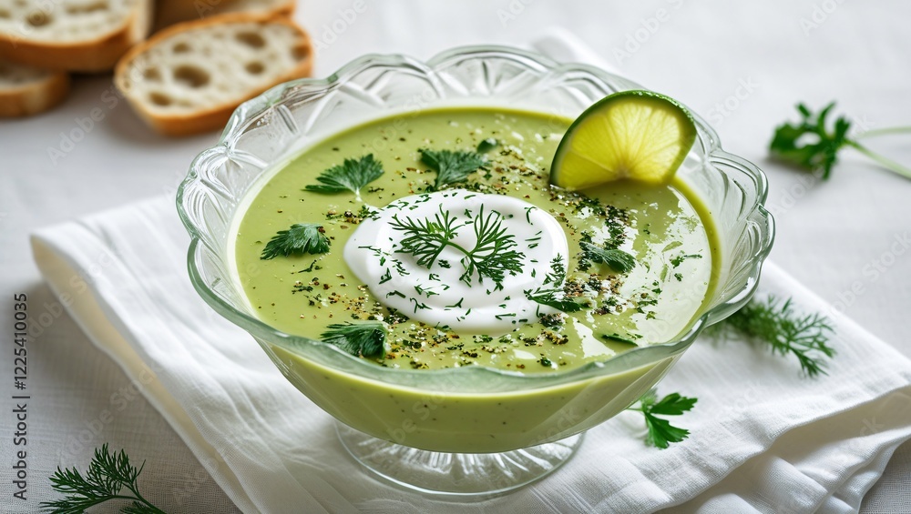 A chilled avocado soup in a translucent bowl, garnished with herbs and lime, served with rustic bread on a white linen cloth, evoking a light, refreshing summer dish. A chilled avocado soup in a translucent bowl, garnished with herbs and lime, served with rustic bread on a white linen cloth, evoking a light, refreshing summer dish.