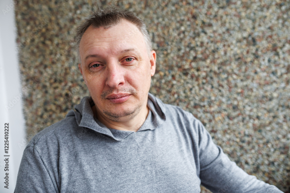 Portrait of a cheerful middle-aged man wearing a gray hoodie, standing against a textured stone wall in natural light. Portrait of a cheerful middle-aged man wearing a gray hoodie, standing against a textured stone wall in natural light.
