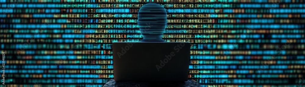 Abstract representation of cybersecurity with digital figure behind laptop displaying streams of binary code suggesting data protection and privacy concerns Abstract representation of cybersecurity with digital figure behind laptop displaying streams of binary code suggesting data protection and privacy concerns