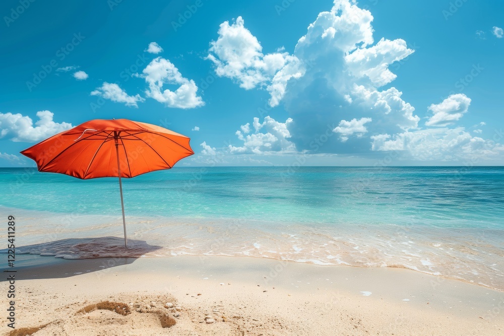 Tranquil beach scene with a vibrant orange umbrella under a sunny sky Tranquil beach scene with a vibrant orange umbrella under a sunny sky