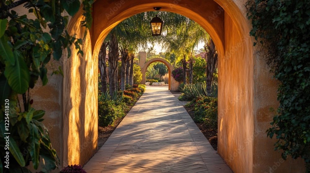 Fototapeta premium Scenic Outdoor Archway Passageway Illuminated by Bright Midday Sunlight Surrounded by Lush Greenery and Colorful Flowers in Garden Setting