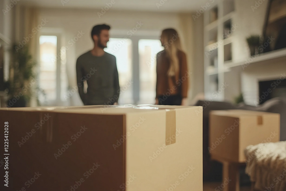 Family Relocation with Cardboard Boxes and Belongings in New Apartment Interior, Generative AI photo art Family Relocation with Cardboard Boxes and Belongings in New Apartment Interior, Generative AI photo art