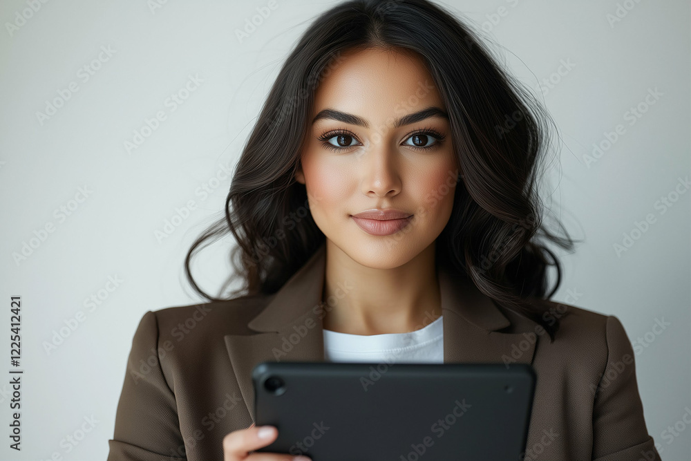 Tablet holding businesswoman with beautiful smile in modern office setting Tablet holding businesswoman with beautiful smile in modern office setting