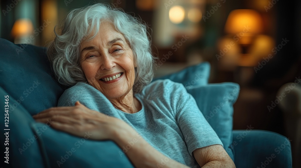 A Smiling Elderly Woman Relaxing on a Cozy Sofa A Smiling Elderly Woman Relaxing on a Cozy Sofa