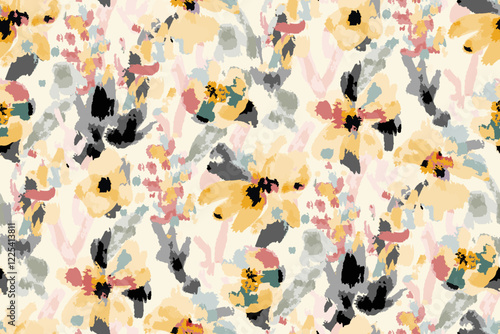 Abstract floral seamless pattern. Bright colors, gouache painting.hand drawn, not AI