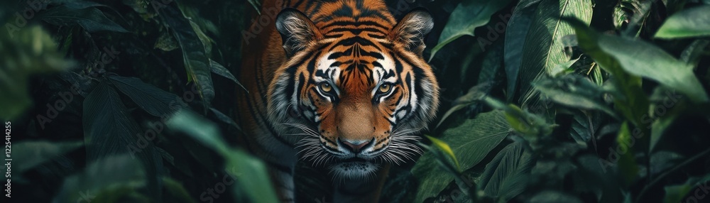 A tiger prowls silently through dense jungle foliage. A tiger prowls silently through dense jungle foliage.