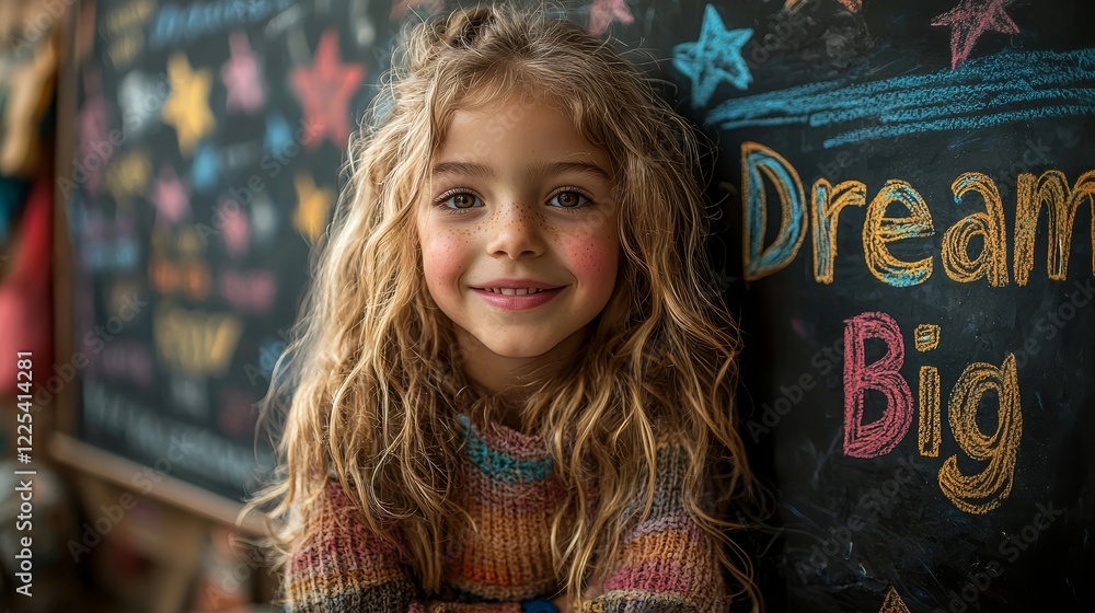 Fototapeta premium Young Girl Writing Motivational Message on Chalkboard Surrounded by Glowing Chalk Stars