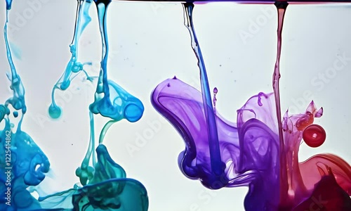 Close-up of multiple color paint drops spreading in clear water