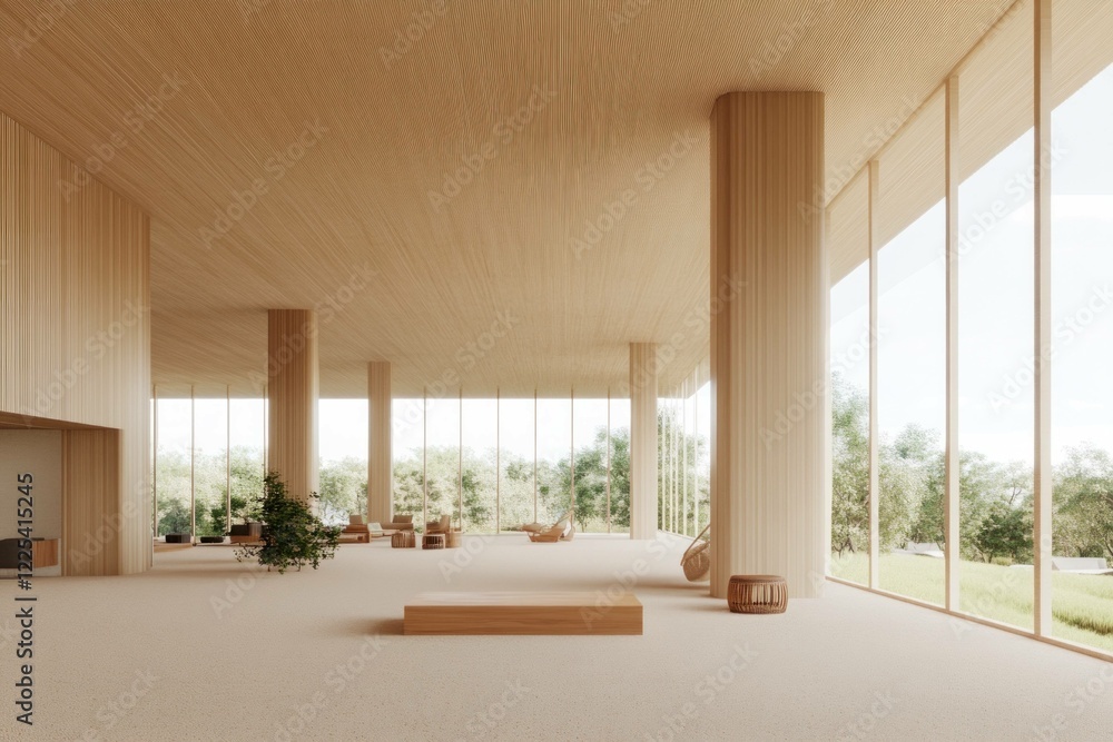 Fototapeta premium Modern minimalist interior design showcasing a spacious, well lit open space with wooden pillars, large windows, and natural greenery, emphasizing tranquility and simplicity