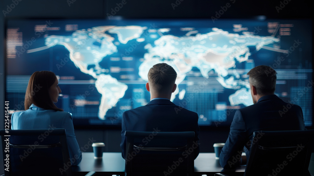 Business executives in a high-tech conference room analyzing global strategy using advanced digital technology and data-driven insights. Business executives in a high-tech conference room analyzing global strategy using advanced digital technology and data-driven insights.