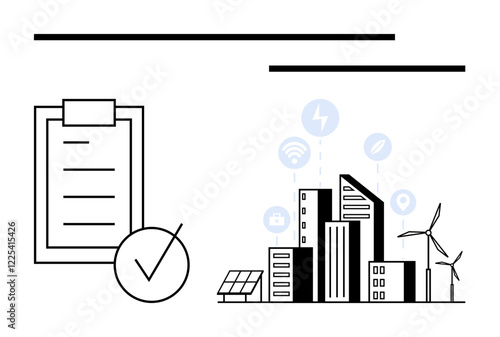 Urban buildings with smart icons, checklist symbol, solar, and wind energy. Ideal for sustainability, urban planning, technology, green energy, renewable resources efficiency abstract line flat