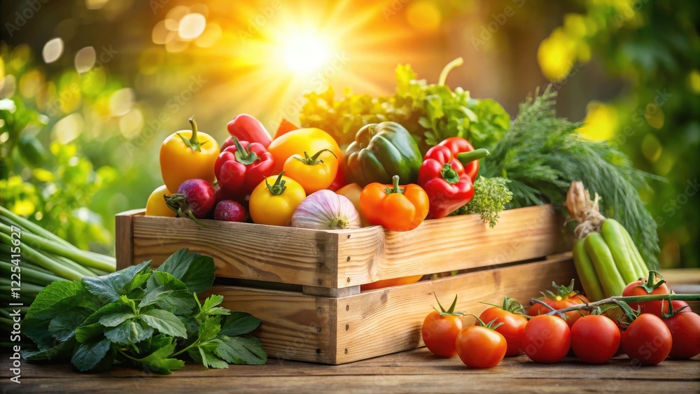 A wooden crate overflowing with a vibrant harvest of freshly picked vegetables, bathed in golden sunlight. A wooden crate overflowing with a vibrant harvest of freshly picked vegetables, bathed in golden sunlight.