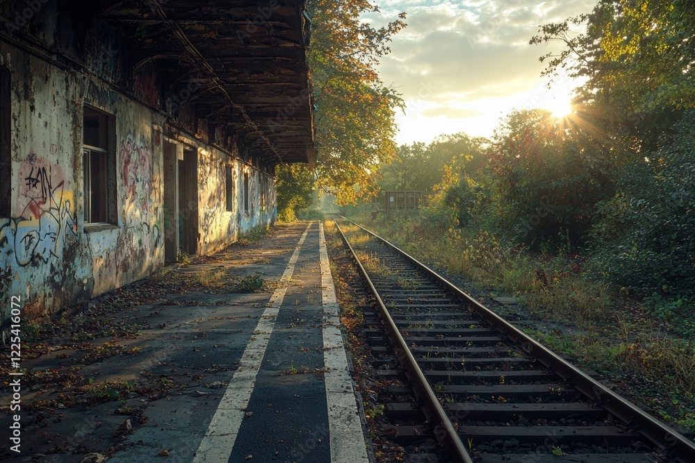 Abandoned train station platform at sunrise overgrown with vegetation Abandoned train station platform at sunrise overgrown with vegetation