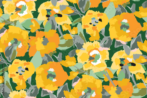 Abstract floral seamless pattern. Bright colors, gouache painting.hand drawn, not AI