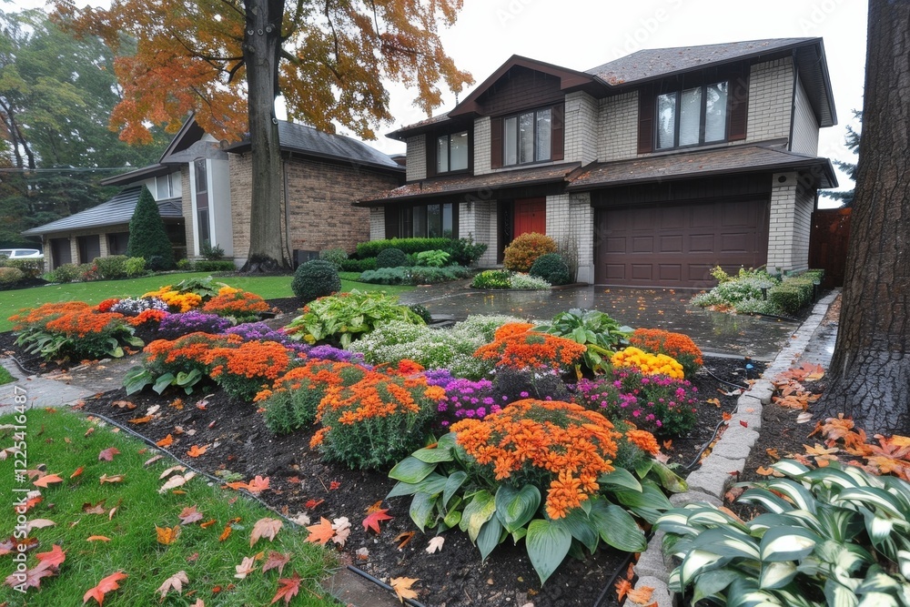 Obraz premium A charming house with a well-maintained garden, featuring vibrant flowers and lush greenery, set against a backdrop of autumn foliage.