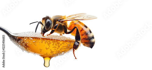 Honey Bee on Spoon with Dripping Golden Honey photo