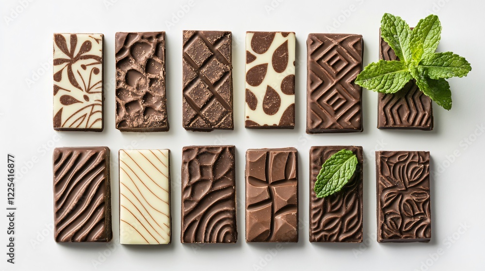 An artistic arrangement of vegan chocolate bars with intricate patterns, styled with fresh mint, isolated on white background An artistic arrangement of vegan chocolate bars with intricate patterns, styled with fresh mint, isolated on white background
