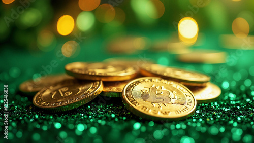 Shimmering Gold Coins on Green Glitter: Saint Patrick's Day Celebration Stock Photo for Event Marketing photo