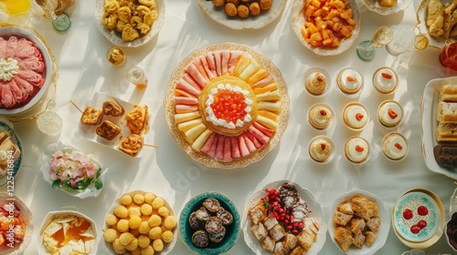 A lavish display of colorful pastries and desserts