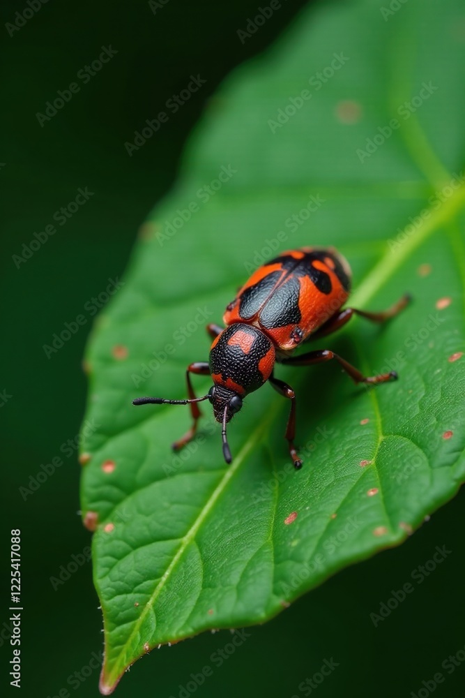 Unidentified insect on dark green leaf with tiny red spots, red spot, macro photography Unidentified insect on dark green leaf with tiny red spots, red spot, macro photography
