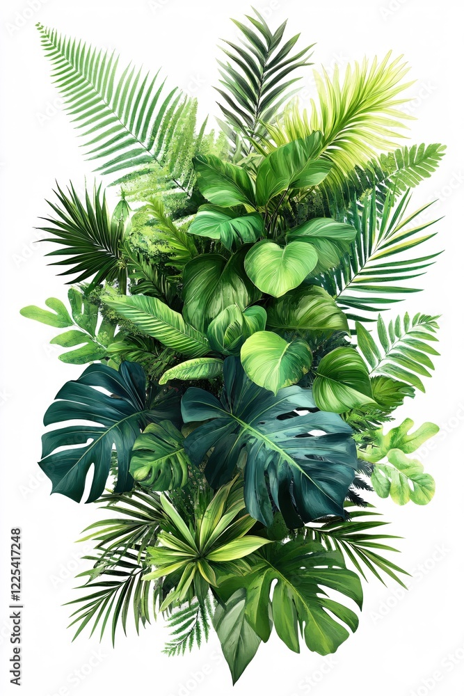 Lush Tropical Foliage Arrangement on White Background with Various Green Leaves and Textures Lush Tropical Foliage Arrangement on White Background with Various Green Leaves and Textures
