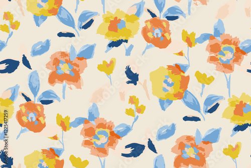 Abstract floral seamless pattern. Bright colors, gouache painting.hand drawn, not AI