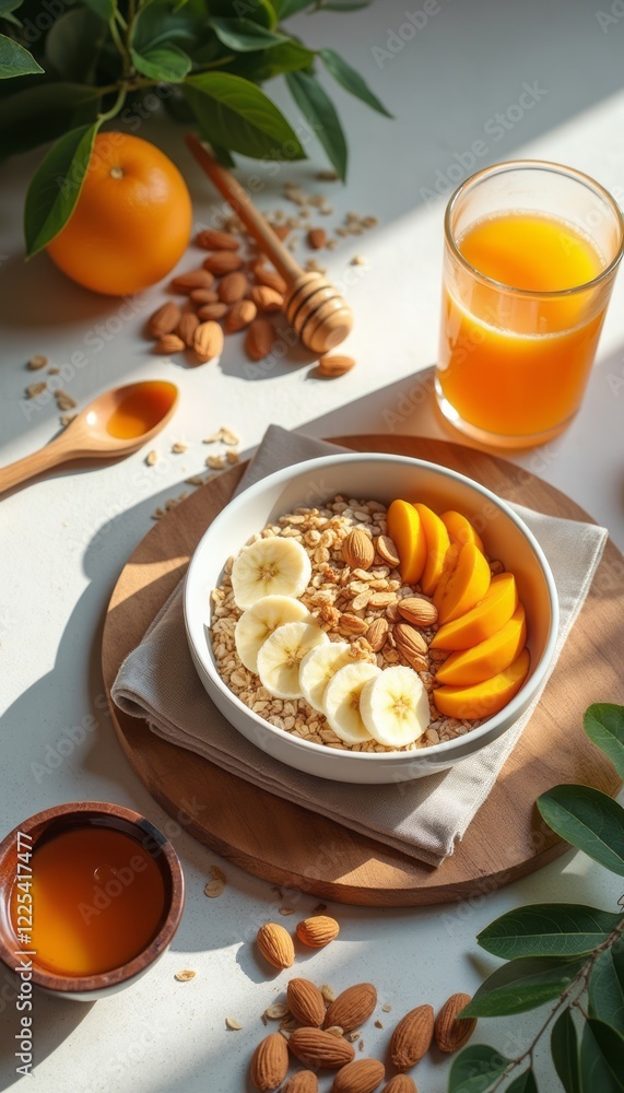 A beautifully arranged breakfast bowl features creamy oats topped with fresh banana and juicy peach slices, surrounded by almonds and a drizzle of honey. This vibrant scene, complemented by a glass of A beautifully arranged breakfast bowl features creamy oats topped with fresh banana and juicy peach slices, surrounded by almonds and a drizzle of honey. This vibrant scene, complemented by a glass of