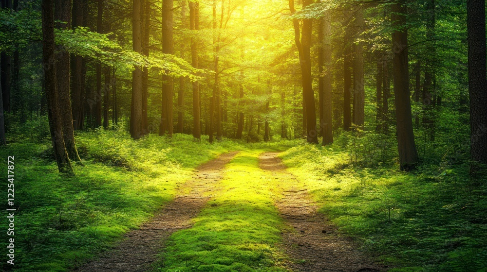 Fototapeta premium Sunlit Forest Path Divides Through Lush Green Woods