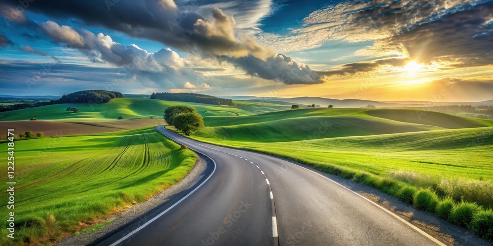 Naklejka premium Asphalt road curving through vibrant green rolling hills at sunset, a picturesque journey into nature's beauty.