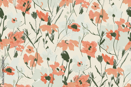 Abstract floral seamless pattern. Bright colors, gouache painting.hand drawn, not AI