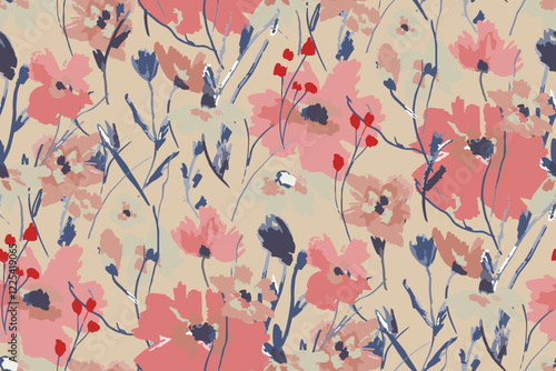 Abstract floral seamless pattern. Bright colors, gouache painting.hand drawn, not AI