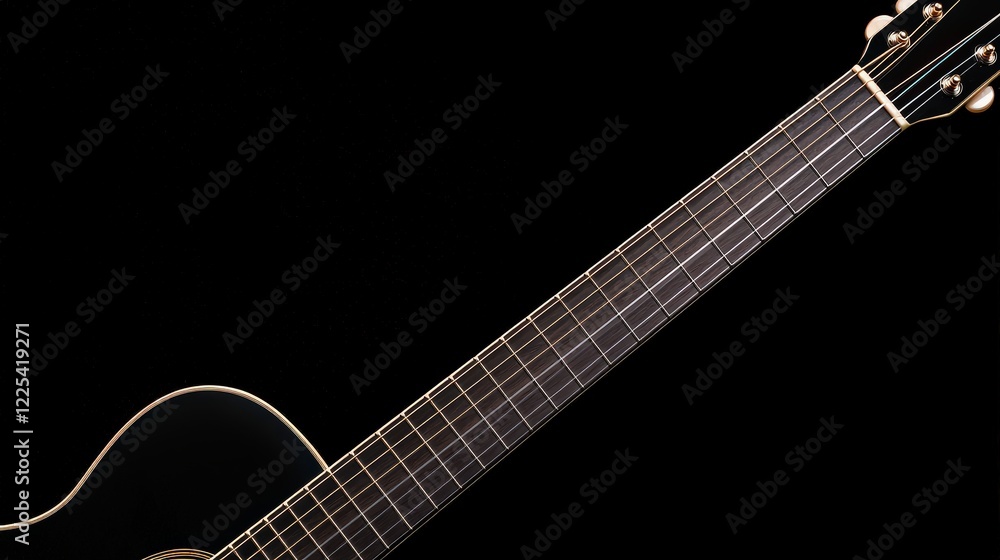 Fototapeta premium Black electric guitar with gold neck and visible guitar chords on a wooden surface