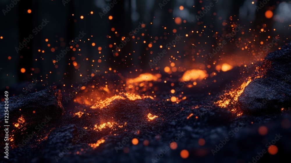 Glowing embers and particles against a dark backdrop, crafting a somber ambiance. Realistic and minimalist in style. Glowing embers and particles against a dark backdrop, crafting a somber ambiance. Realistic and minimalist in style.