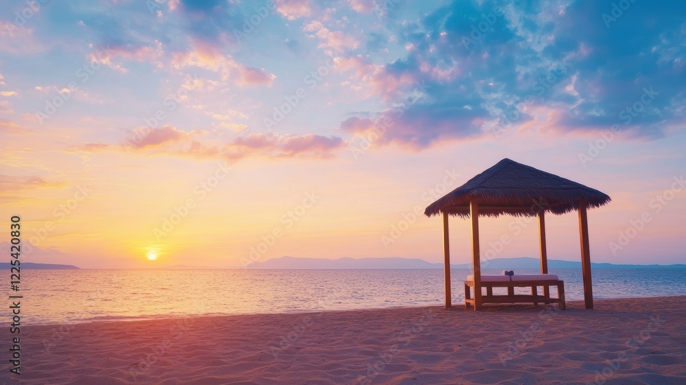 A serene beach scene at sunset, featuring a quaint gazebo with a massage bed, evoking a peaceful and soothing atmosphere. A serene beach scene at sunset, featuring a quaint gazebo with a massage bed, evoking a peaceful and soothing atmosphere.