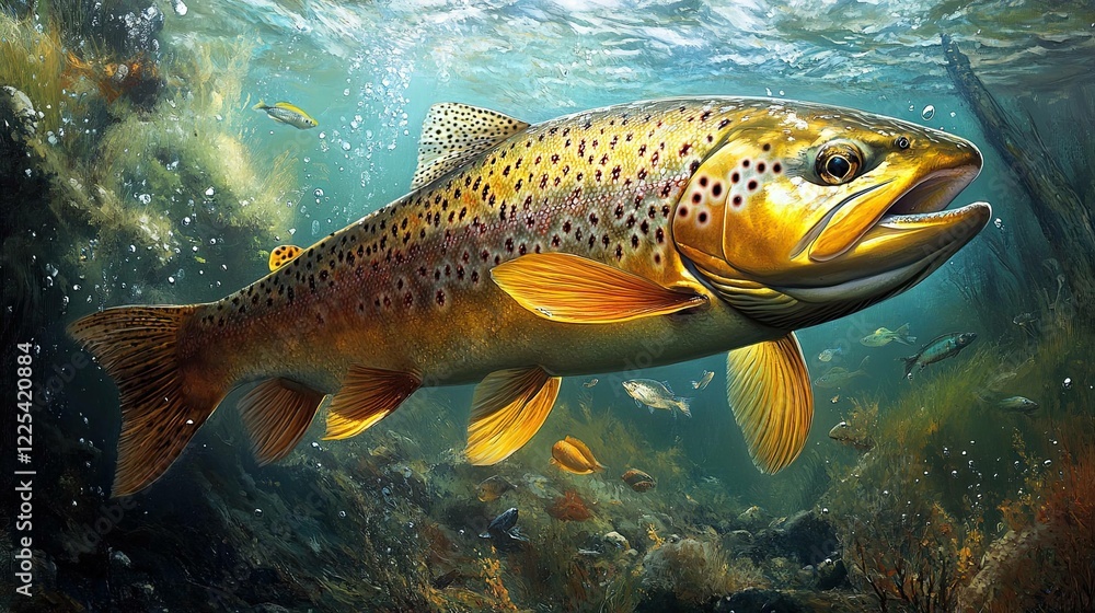 Naklejka premium A magnificent brown trout swimming in pristine waters is depicted in this picture, which also features a vivid undersea scene that highlights the beauty of the natural world and aquatic life