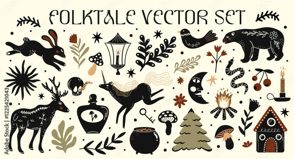 Fototapeta premium Abstract woodland folk tale animals, flowers, plants vector elements. Scandi ethnic vintage illustrations of bird, unicorn, deer, bear, hare, rabbit, snake, leaf branches silhouette stickers design