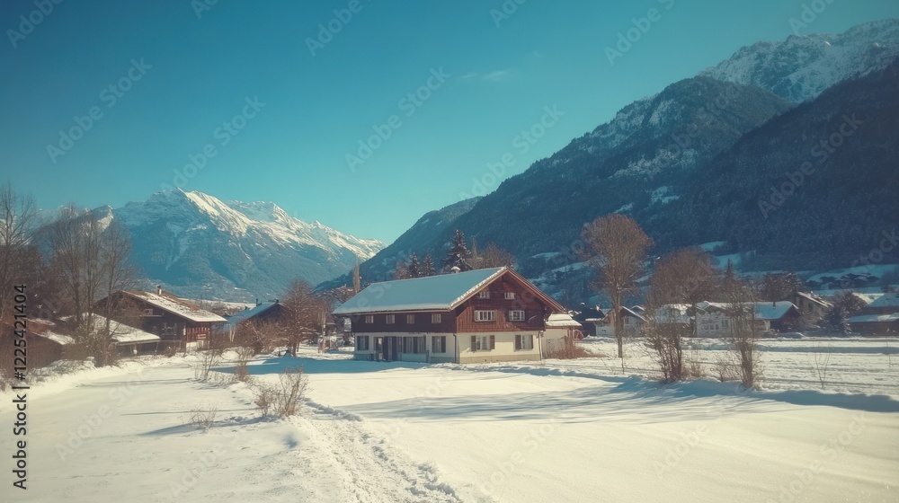 Alpine Village House Winter Snow Mountain Scene Alpine Village House Winter Snow Mountain Scene