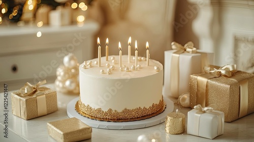 Wallpaper Mural A lavish white and gold cake accompanied by candles and presents for a wedding or birthday celebration Torontodigital.ca