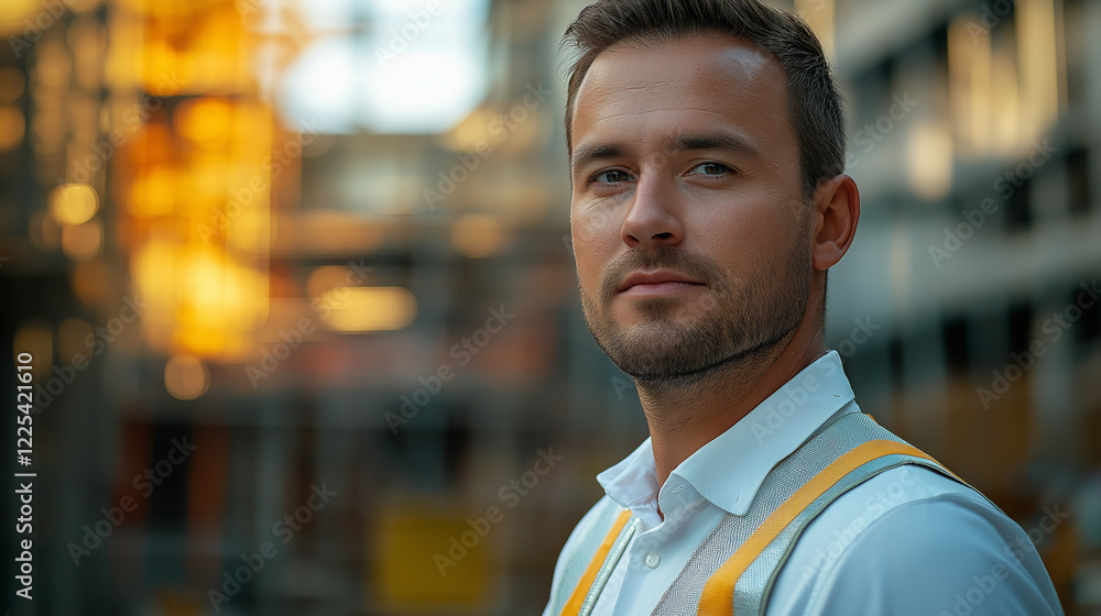 Fototapeta premium A composed male engineer with short, neat hair, wearing a white button-up shirt and a reflective vest
