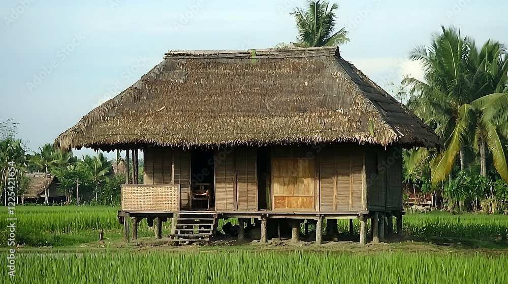 Traditional Asian Thatched Hut in Rice Paddy Field Traditional Asian Thatched Hut in Rice Paddy Field