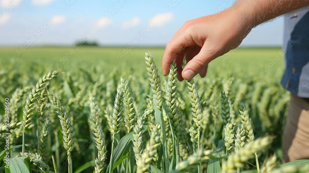 Naklejka premium Farmer's hand checking quality of green wheat ears on a field 