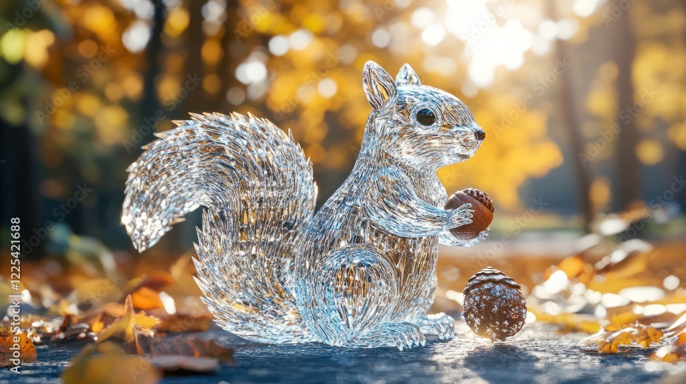 Fototapeta premium Crystal Squirrel Holding Acorn Autumn Scene