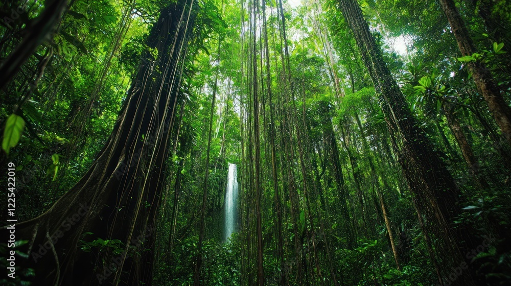 Obraz premium Lush Rainforest Waterfall Hidden Deep Within Verdant Canopy