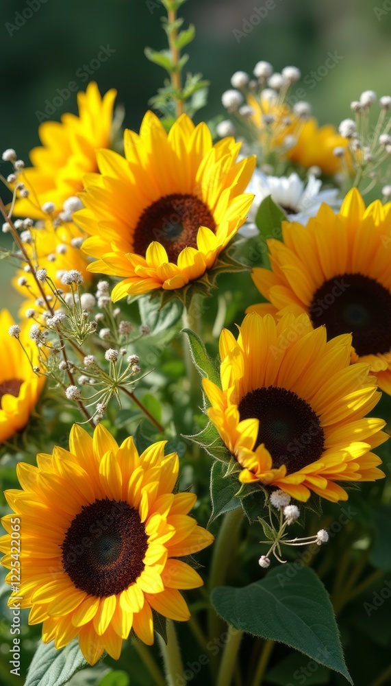 Fototapeta premium A stunning bouquet of vibrant sunflowers stands tall, their golden petals glowing under the warm sunlight. This cheerful arrangement, accented by delicate white flowers, radiates joy and positivity