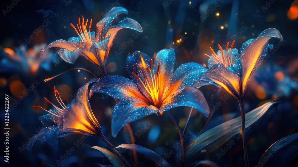Obraz premium Glowing lilies at night bloom in garden setting for nature or romantic design needs
