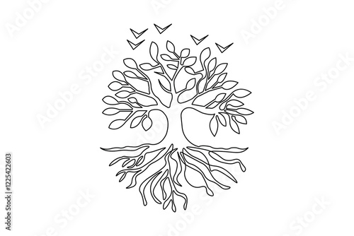 Continuous one line tree roost with black and white vector icon
