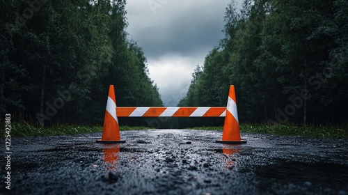 Wet road with traffic cones and road closed barricade during rainy weather conditions