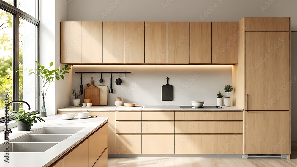 Modern light wood kitchen interior with minimalist design and sleek cabinets. 3D Rendering Modern light wood kitchen interior with minimalist design and sleek cabinets. 3D Rendering