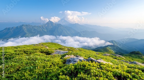 Mountaintop sunrise view, cloudscape, scenic landscape, nature photography, travel poster photo